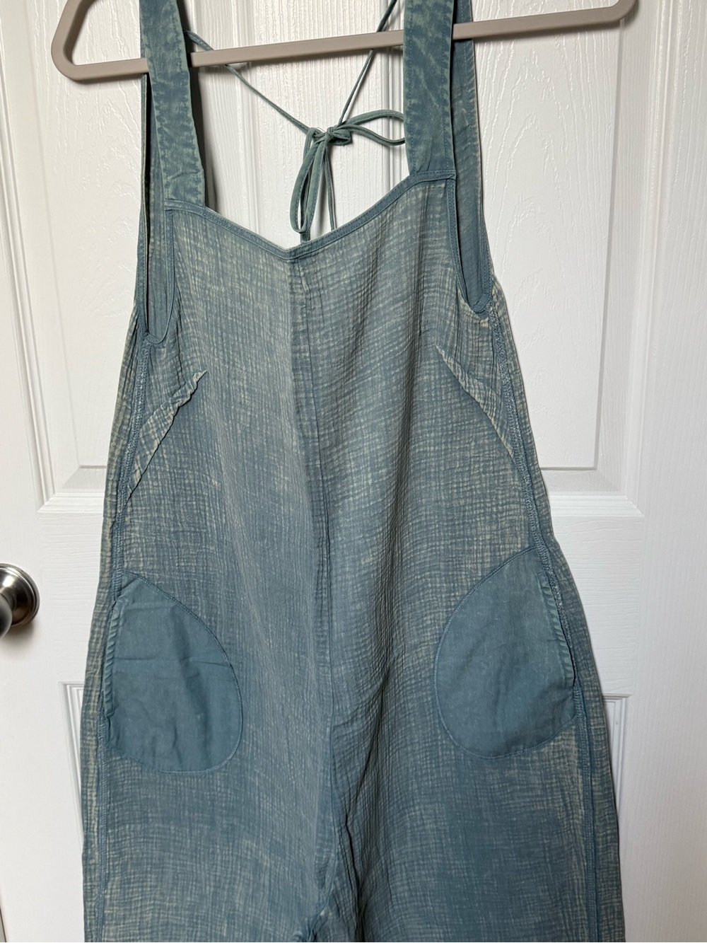 NWOT Zenana Outfitters Washed Blue Cotton-Linen Wide-Leg Overalls - Picture 3 of 8
